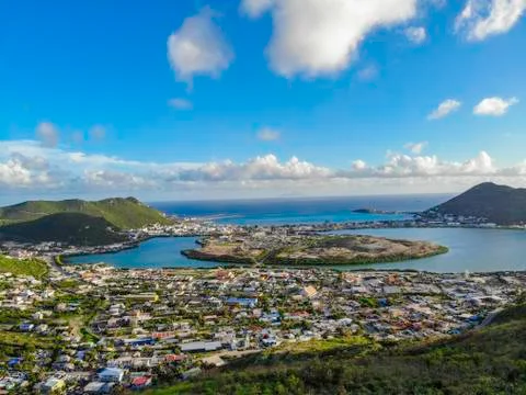 High Aerial view of the caribbean island of St. Maarten . Stock Photos