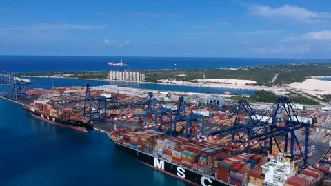 High Aerial View of Container Port and Cargo Facility, Freeport Bahamas Stock Footage 94412835