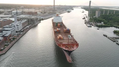High aerial view of container ship leaving port Stock Footage 154555158