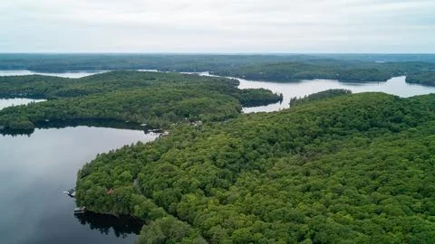 High Aerial View of Dense Forest Hills Winding Road and Lake of Bays Landscap Foto stock