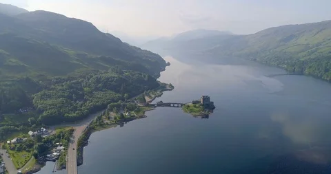 High Aerial View of Eilean Donan Castle Stock Footage 98120616