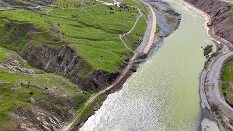 High Aerial View of Green River in Spring Landscape Stock Footage 344746516