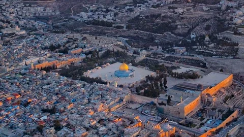 High aerial view of Jerusalem Old City and Temple Mount during golden hour Stock Footage 341353987