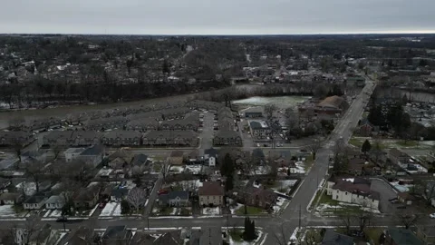 High Aerial View (Left to Right) of Paris Ontario Canada (Bridges, Housing,  Stock Footage 314202337