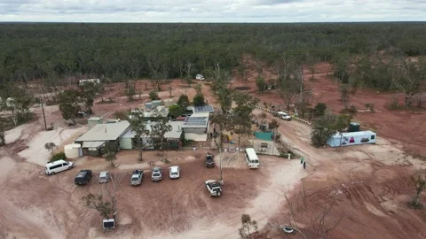High aerial view of an old opal mining pub in the Australian outback of a Stock Footage 145240307