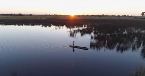 High aerial view of one poler rowing a Mokoro on the waterways of the Okavango Stock Footage 78210960