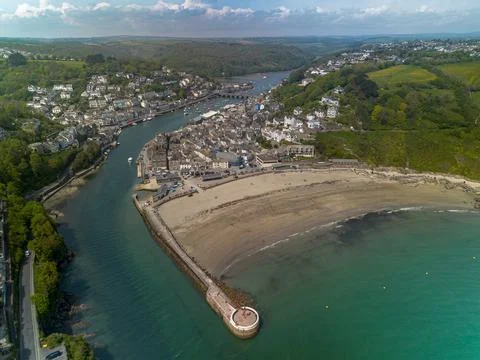 High aerial view over Looe harbour beach and Banjo Pier Cornwall Foto stock