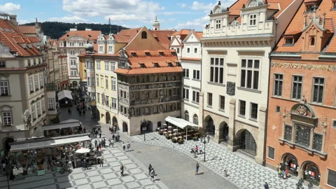 High aerial view of Prague old city center street with people walking,czech Stock Footage 149702458