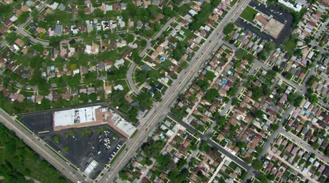 High aerial view of suburban rooftops in Chicago Stock Footage 59535267