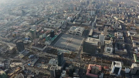 High Aerial View of Sukhbaatar Square in Downtown Ulaanbaatar at Sunset Stock Footage 325756179