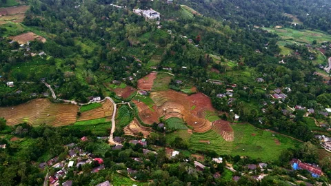 High aerial view of terraced fields and patchwork farmland around a hillside 動画素材 326310093