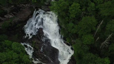 High aerial view of waterfall in forested gorge Video stock 131333876