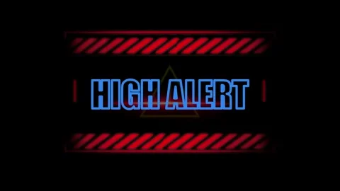 High alert warning text animation with red diagonal stripes with yellow hazard Stock Footage 345568089