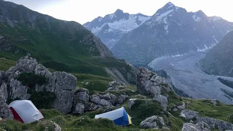 High Alpine Glacier Camp Stock Photos