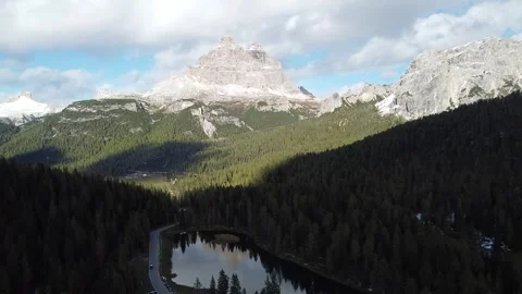 High Altitude Aerial Drone View Over Lake Antorno and Dolomite Mountains, Italy Stock Footage 326209211