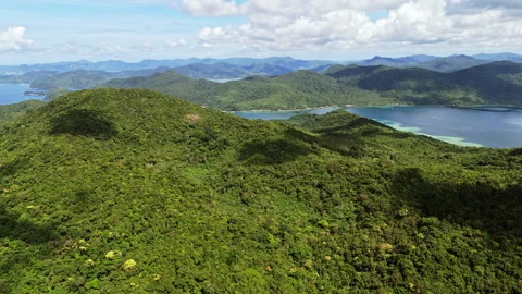 High-altitude aerial view of dense forest-covered hills rising above a blue sea Stock Footage 336708465