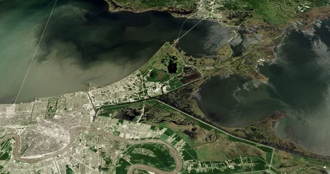 High-altitude circular tracking shot of Michoud, New Orleans Stock Footage 97193182