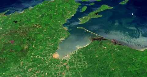 High-altitude circular tracking shot of Lake Superior Stock-Footage 97320454