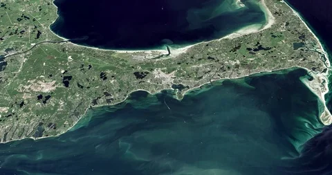 High-altitude circular tracking shot of Cape Cod Stock Footage 97321321