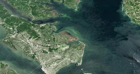 High-altitude circular tracking shot of Norfolk, Virginia Stock Footage 97325326