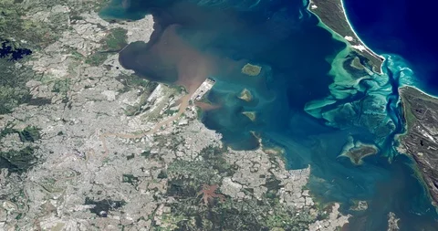 High-altitude circular tracking shot of Moreton Bay, Australia Stock Footage 97332272