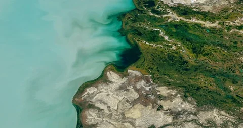 High-altitude circular tracking shot of Lake Balkhash, Kazakhstan Stock Footage 97343700
