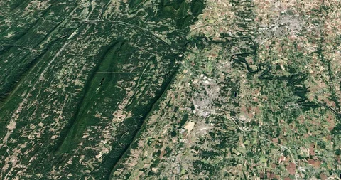High-altitude circular tracking shot of Potomac River, US Stock Footage 97368109
