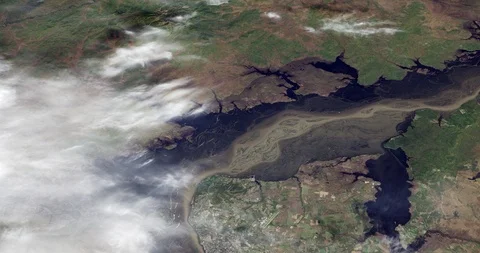 High-altitude circular tracking shot of Amur River, NE China Stock Footage 97426202