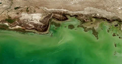 High-altitude circular tracking shot of the Caspian Sea coast, Kazakhstan Stock Footage 97664682