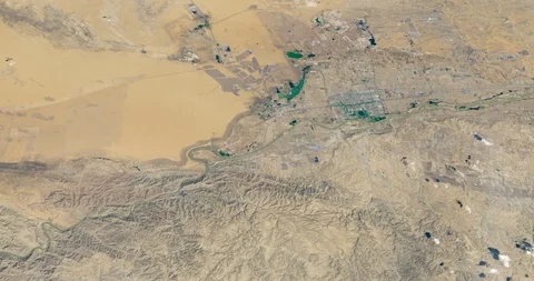 High-altitude circular tracking shot of Tengger Desert Solar Park, China Stock Footage 118465332