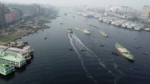 High Altitude Drone Flight Along Buriganga River with Boats Stock Footage 327230209