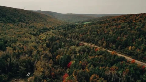High Altitude Drone Flight Over Road In A Valley Of Trees And Rolling Hills Stock Footage 255045442