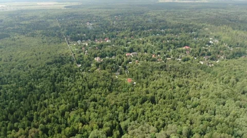 High altitude drone flight over forest village Video stock 330078718