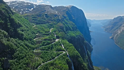 High altitude drone panorama of Trollstigen overlooking Geirangerfjord Norway. Stock Footage 328130670