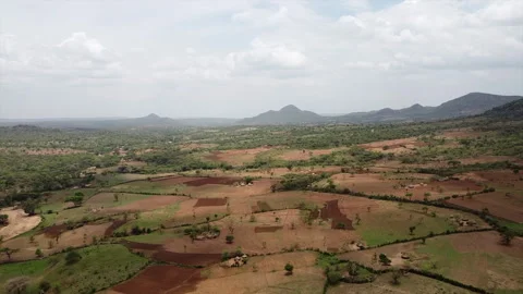 High altitude Drone shot  over a tribal savanna area with straw hut houses Stock Footage 240801985