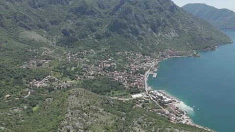 High Altitude Drone Shot of Risan and Surrounding Mountains in Bay of Kotor Stock Footage 310335449