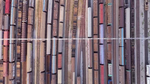 High Altitude Drone Tracking Shot of Cargo Train Yard Stock Footage 341521871