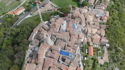 High-altitude drone view of Abruzzo Village Village, Mount Stock Footage 318580658
