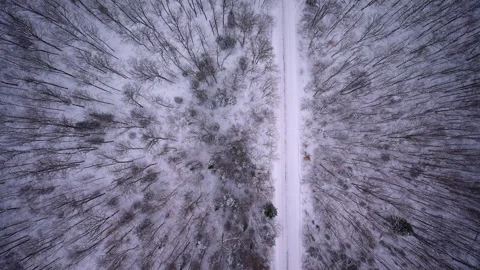 High-altitude drone view looking down at winter terrain 스톡 동영상 334092984