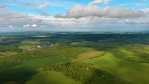 High altitude, fields, forests, villages, clouds, the sun aerial background Stock Footage 108430860