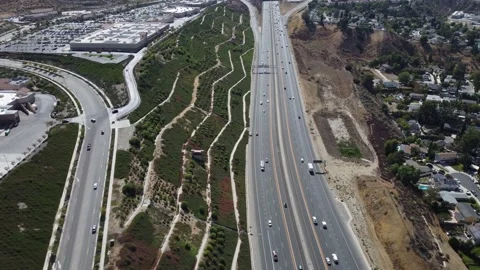 High altitude forward shot of Highway 14 near Sierra Hwy offramp Stock Footage 218629587