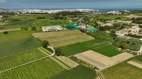 High Altitude Orbit Drone Shot of Maltese Farmland and Coastal Town Stock Footage 307174204