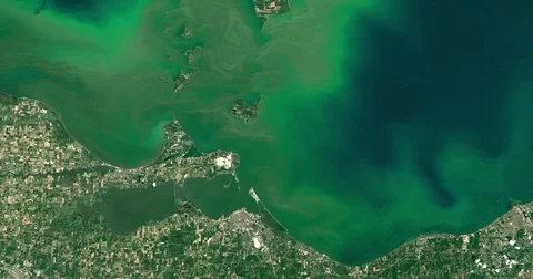 High-altitude overflight aerial of an algae bloom in Lake Erie. Vidéo 70251240