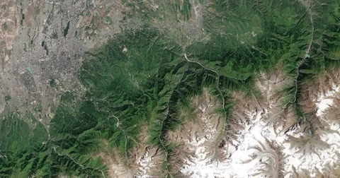 High-altitude overflight aerial of front range mountains near Almaty, Kazakhstan Stock-Footage 70498997