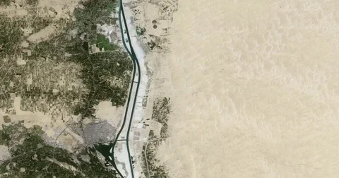 High-altitude overflight aerial of a portion of the Suez Canal near Al Qantara. Stock Footage 70174972