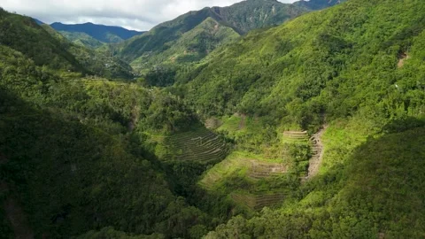 High Altitude Parallax Approach Batad Rice Terraces Hidden in Jungle Mountains Stock Footage 335968947
