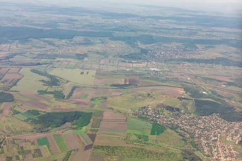 High altitude patchwork of fields and small villages 스톡 사진
