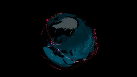High altitude polar view tracking a cyber warfare globe background, 4K Stock Footage 339091724