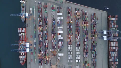 High Altitude Top Down Aerial of Container Logistics Terminal and Cargo Yard Stock Footage 330054287