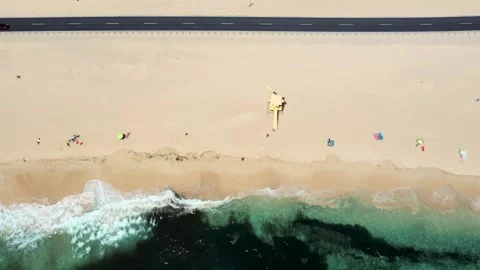 High altitude top-down aerial of Corralejo white sand dune beach Stock Footage 330272304